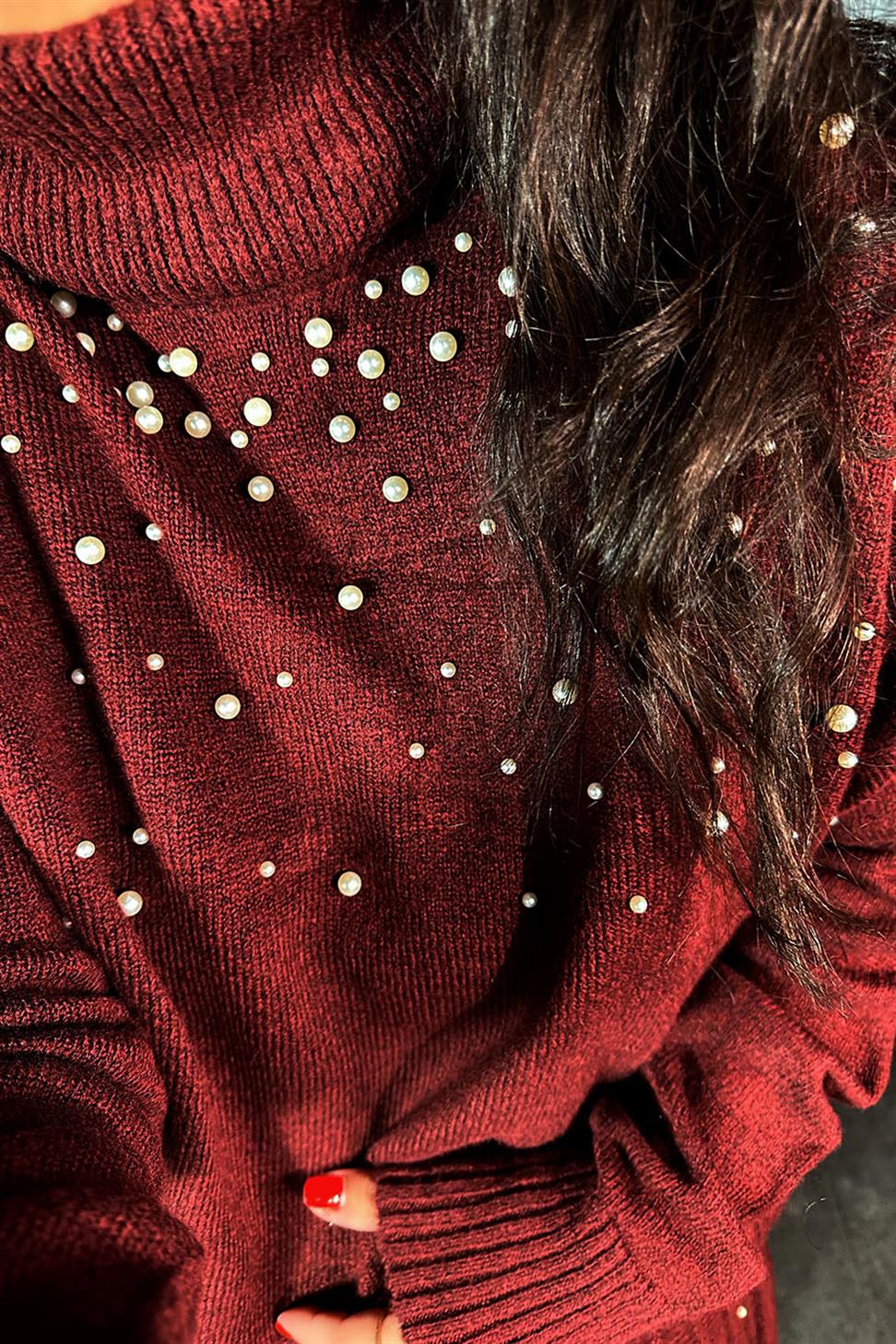 İnci Detaylı Triko İkili Kadın Takım Bordo