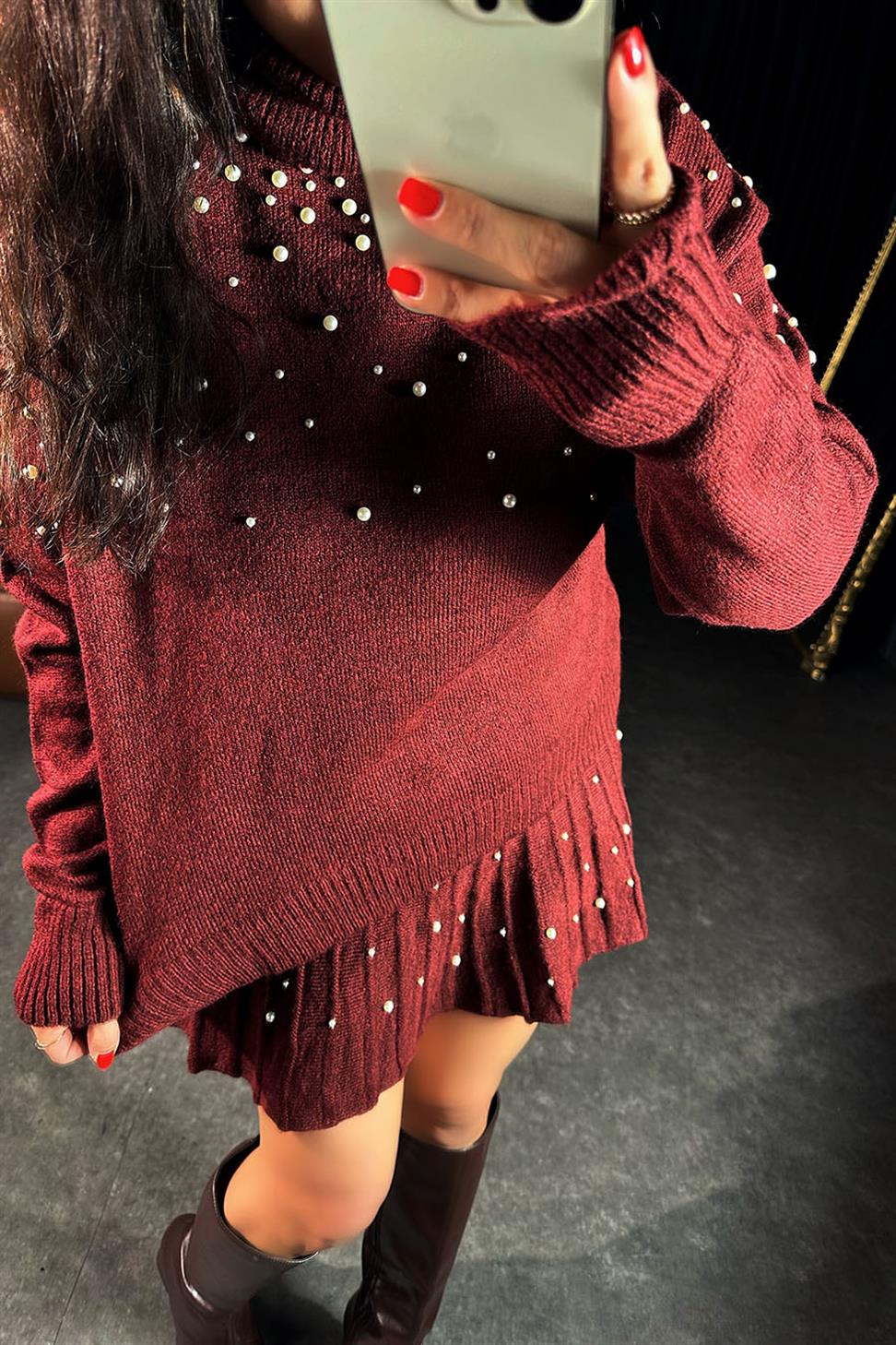 İnci Detaylı Triko İkili Kadın Takım Bordo