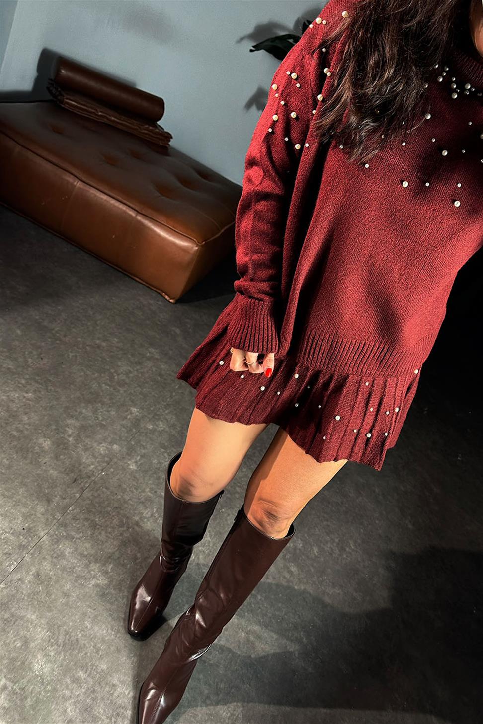 İnci Detaylı Triko İkili Kadın Takım Bordo