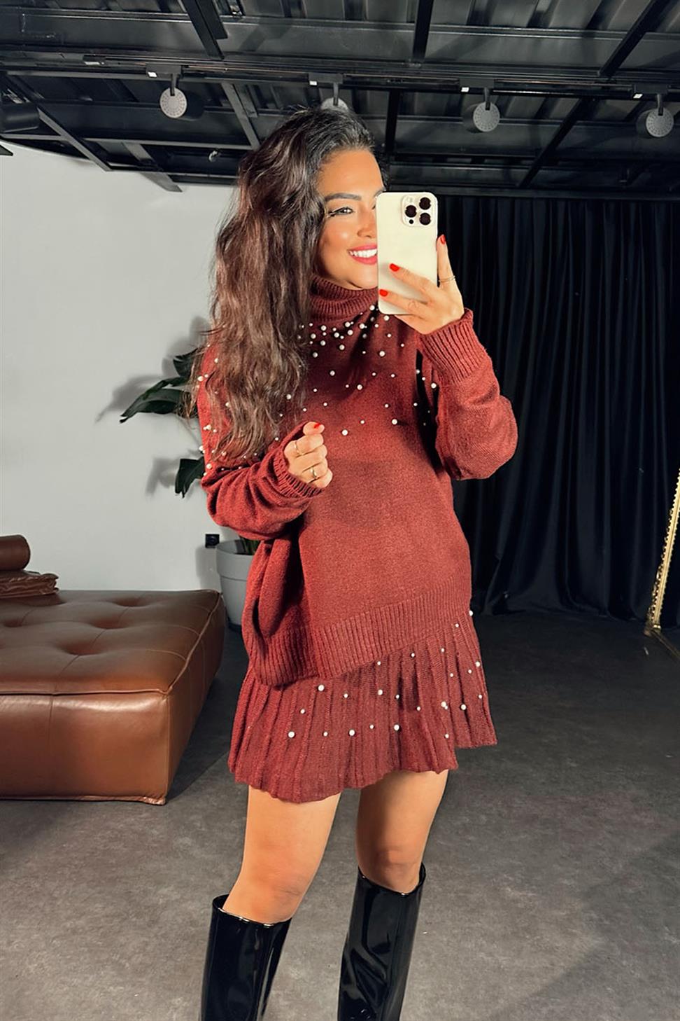 İnci Detaylı Triko İkili Kadın Takım Bordo