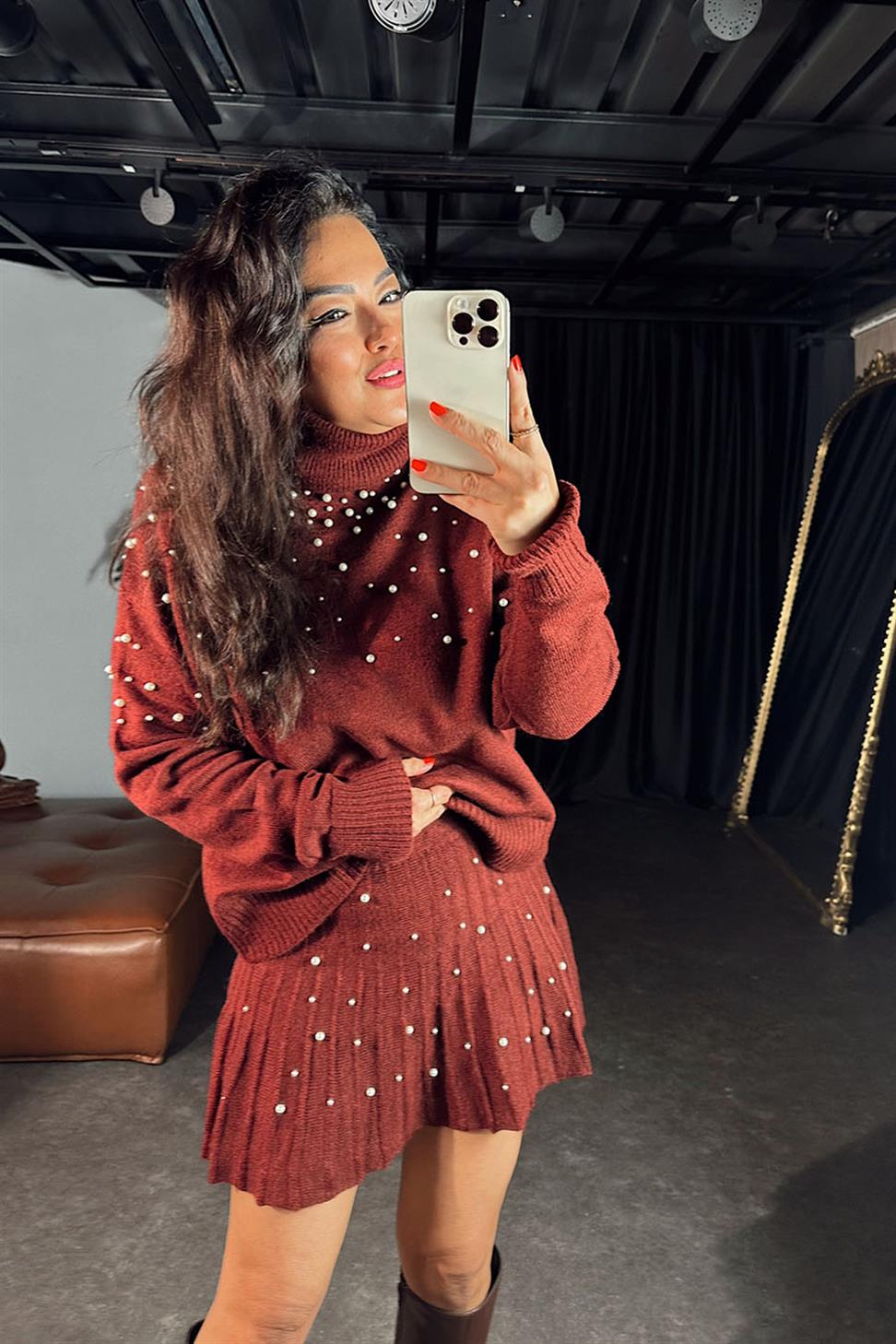 İnci Detaylı Triko İkili Kadın Takım Bordo