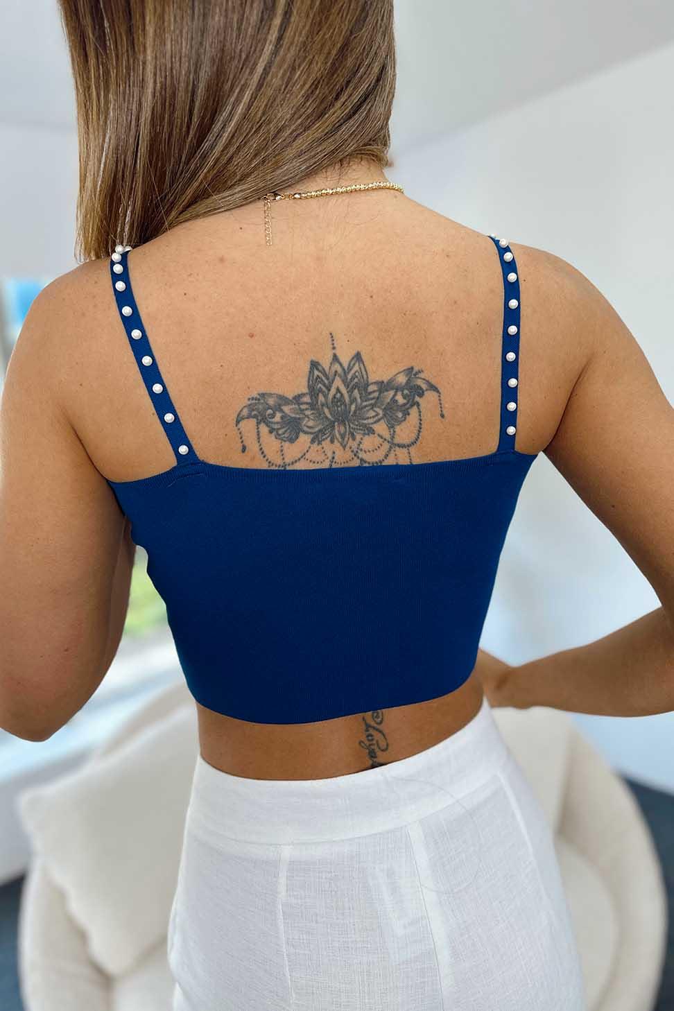İncili Triko Crop Top Lacivert