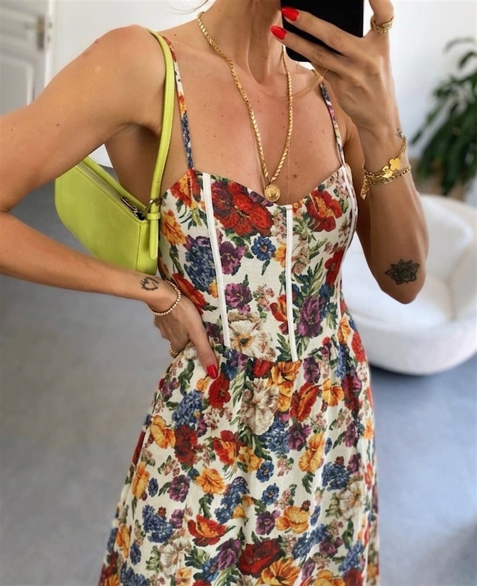 İp Askılı Çiçek Desenli Flower Elbise 