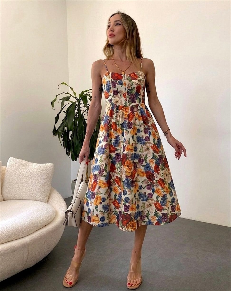İp Askılı Çiçek Desenli Flower Elbise 