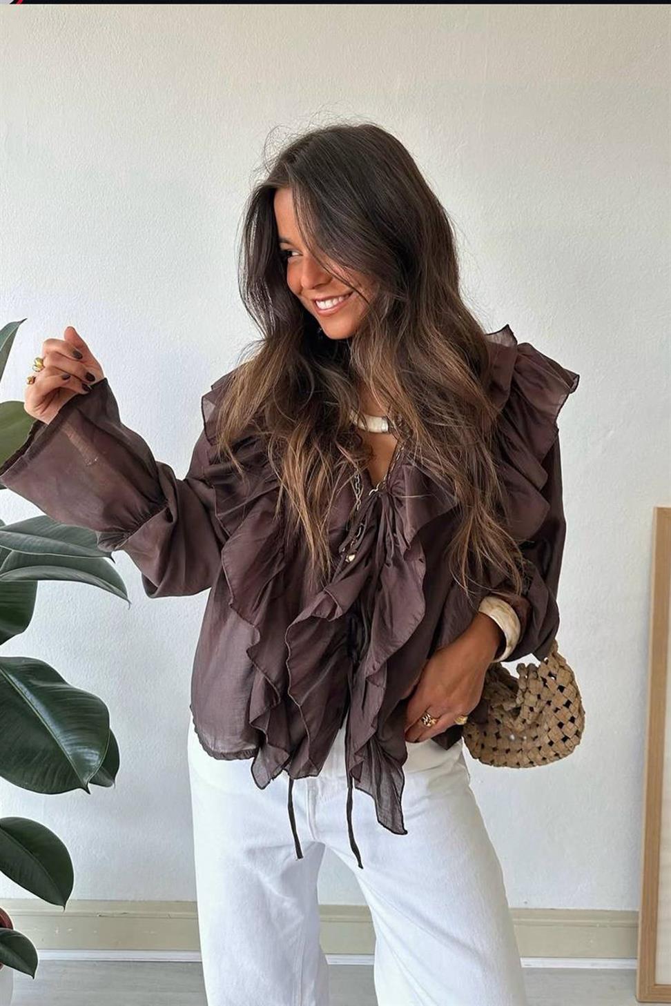 İp Bağlamalı Fırfır Detaylı Gömlek Acı Kahve