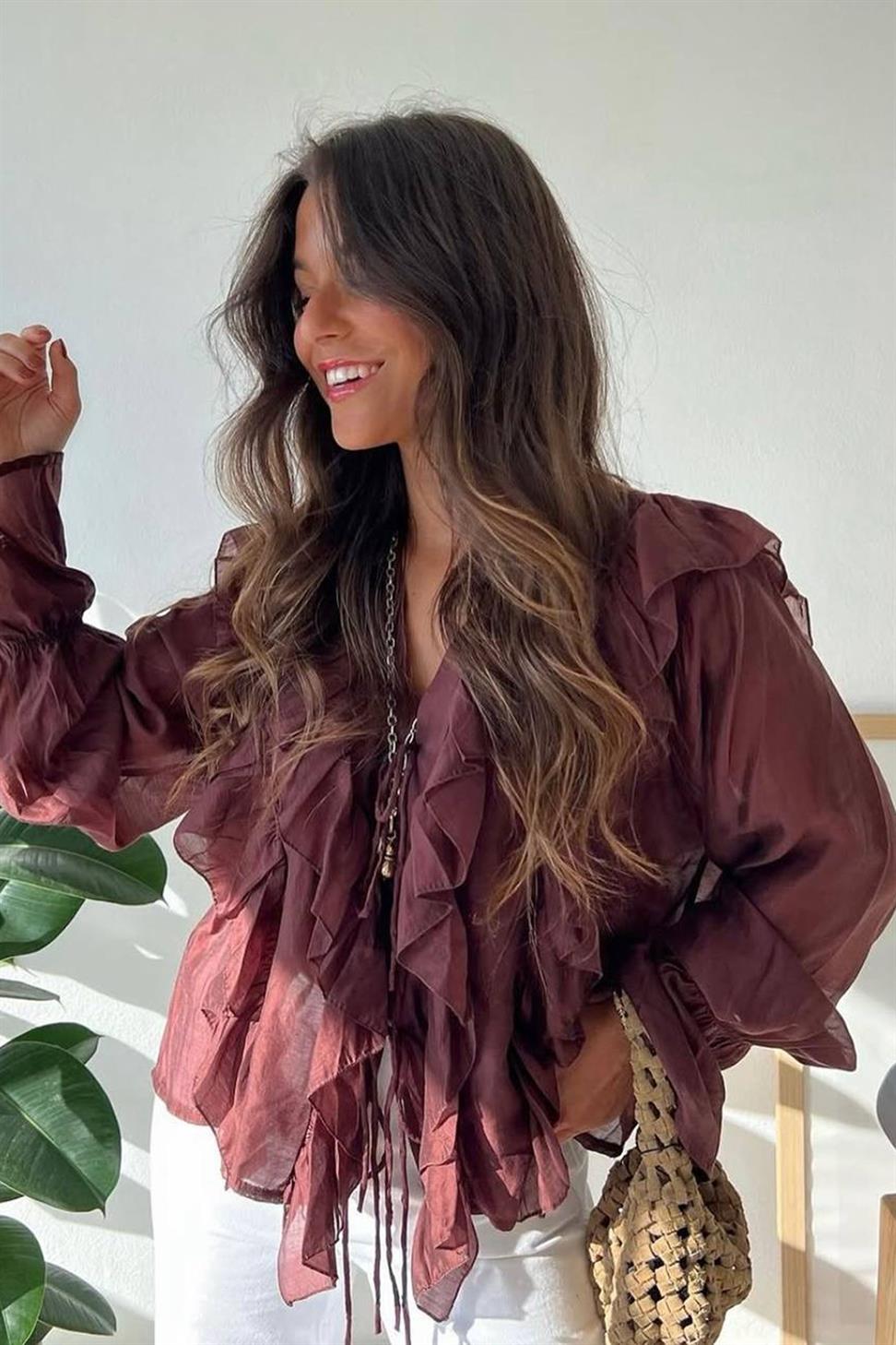 İp Bağlamalı Fırfır Detaylı Gömlek Bordo