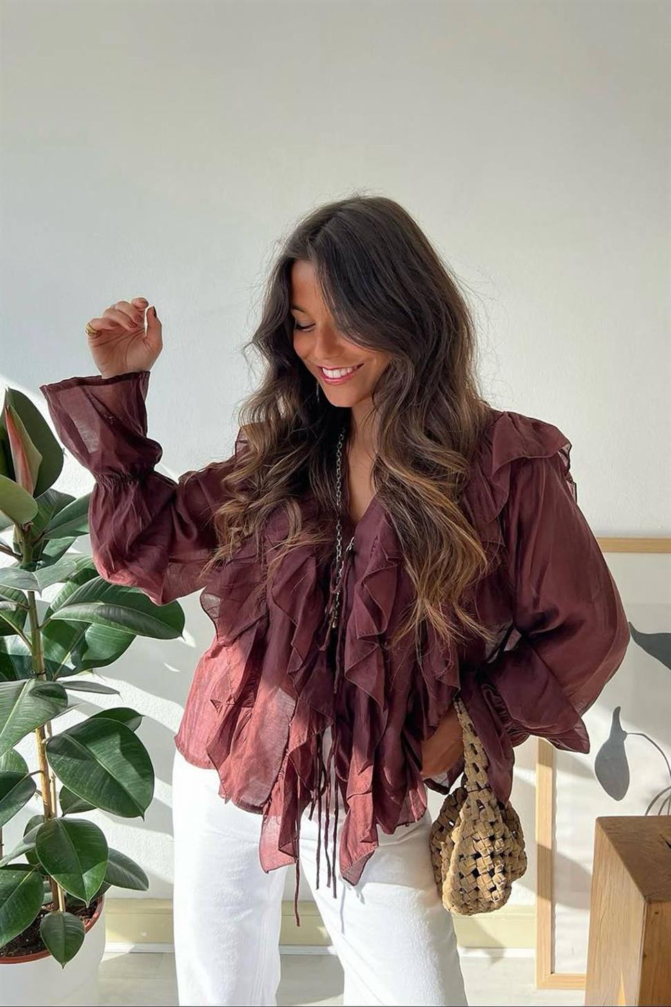 İp Bağlamalı Fırfır Detaylı Gömlek Bordo