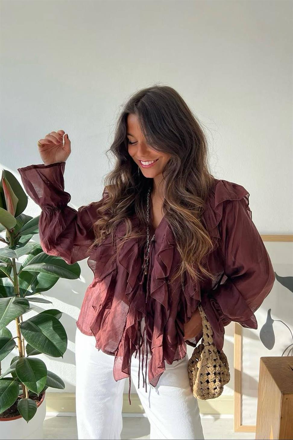 İp Bağlamalı Fırfır Detaylı Gömlek Bordo