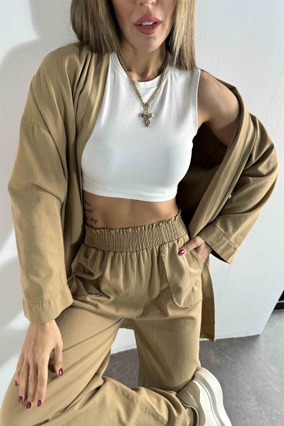 İspanyol Paça Kimono Takım Camel