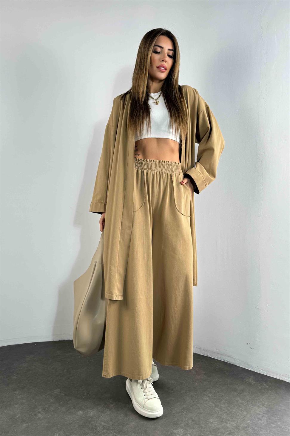 İspanyol Paça Kimono Takım Camel