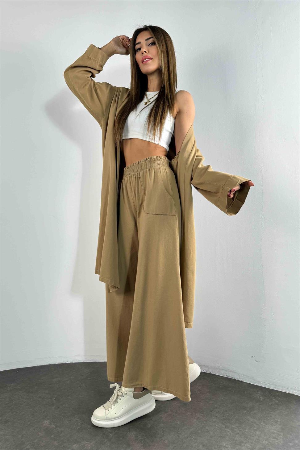 İspanyol Paça Kimono Takım Camel