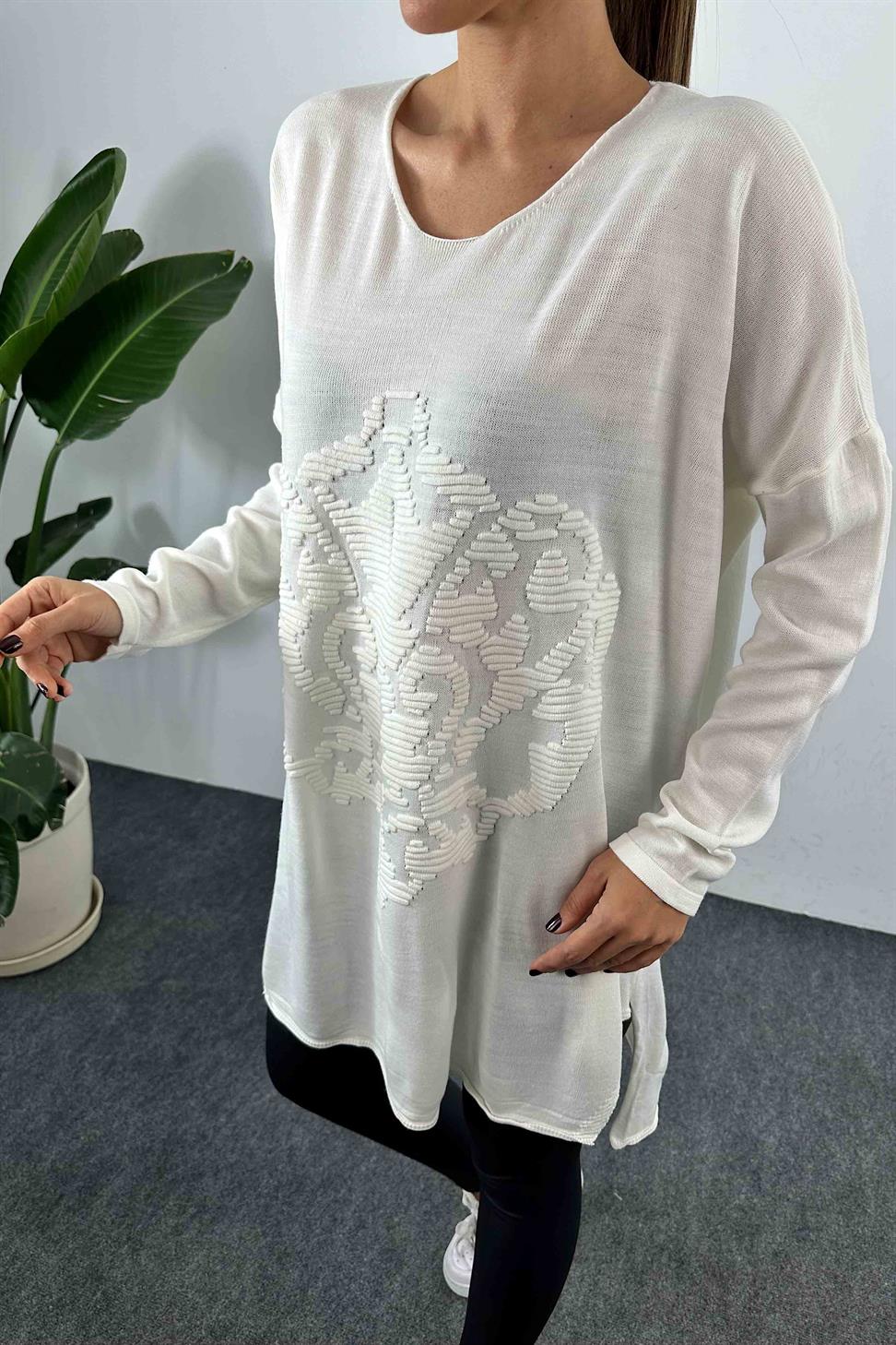 Kabartma Desenli Oversize Triko Bluz Ekru