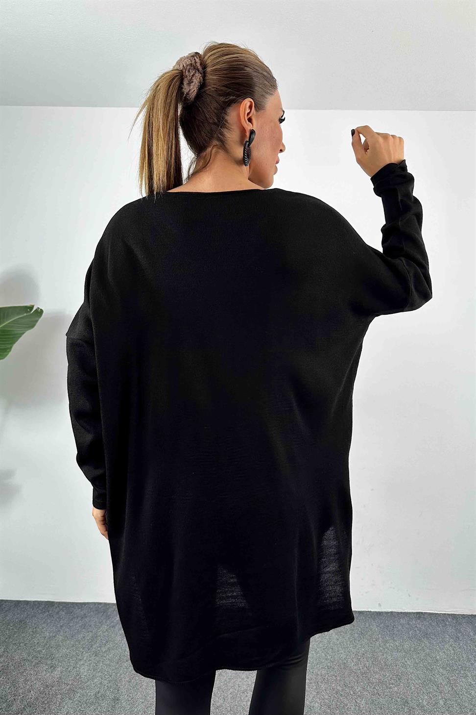 Kabartma Desenli Oversize Triko Bluz Siyah