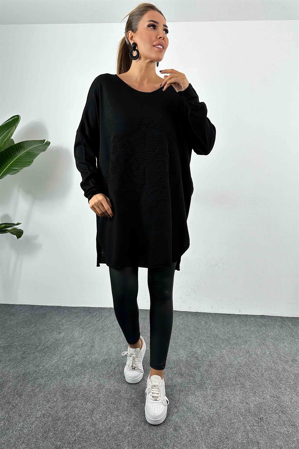 Kabartma Desenli Oversize Triko Bluz Siyah