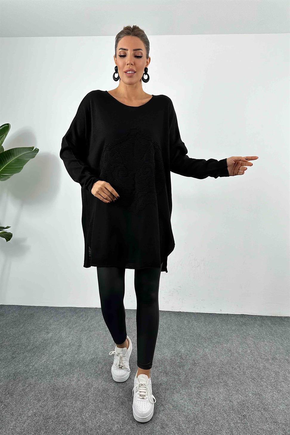 Kabartma Desenli Oversize Triko Bluz Siyah