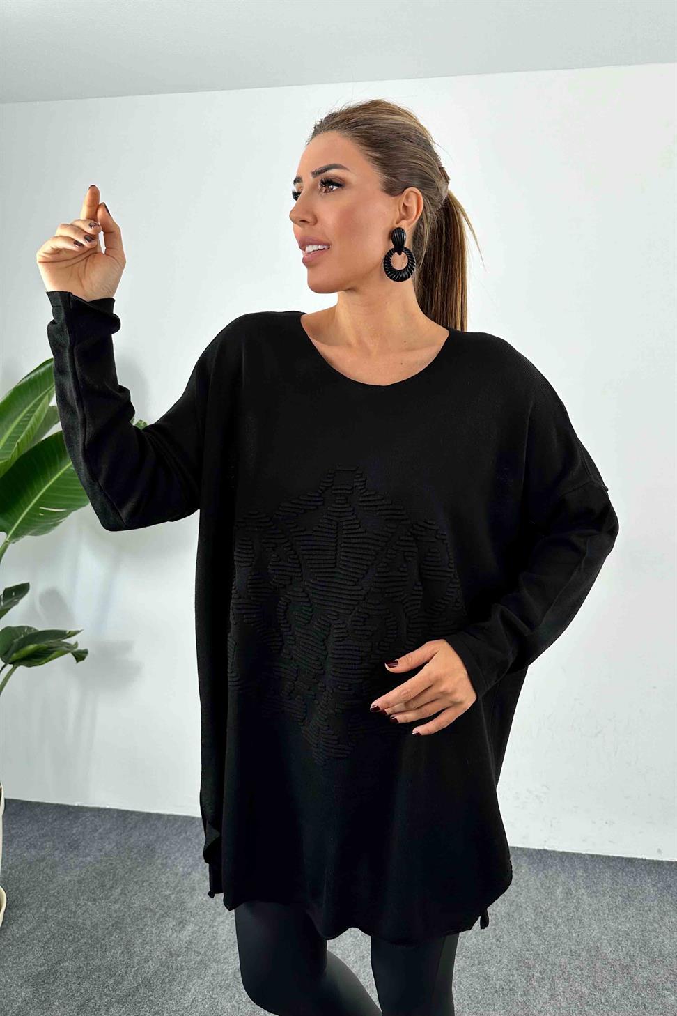 Kabartma Desenli Oversize Triko Bluz Siyah