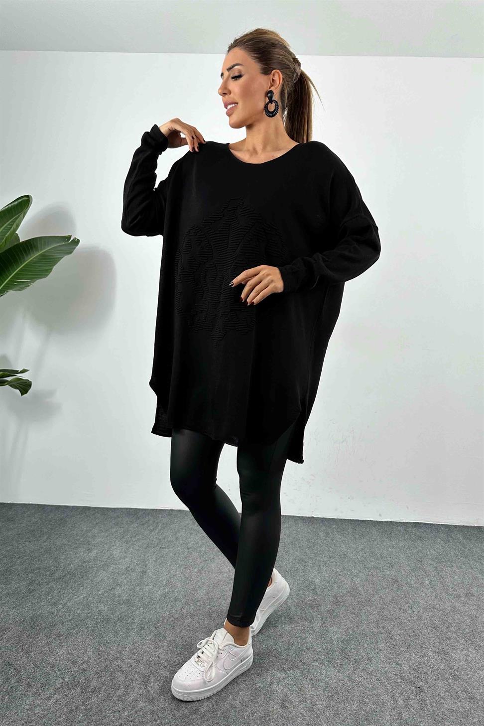 Kabartma Desenli Oversize Triko Bluz Siyah