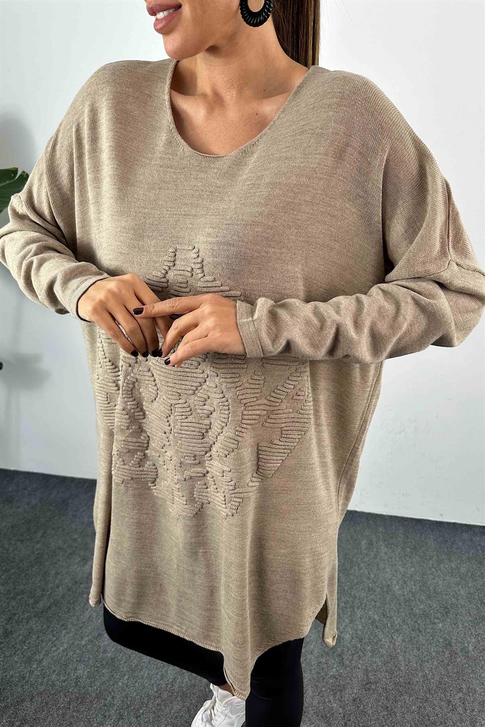 Kabartma Desenli Oversize Triko Bluz Vizon