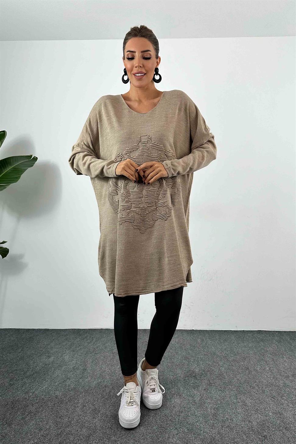 Kabartma Desenli Oversize Triko Bluz Vizon