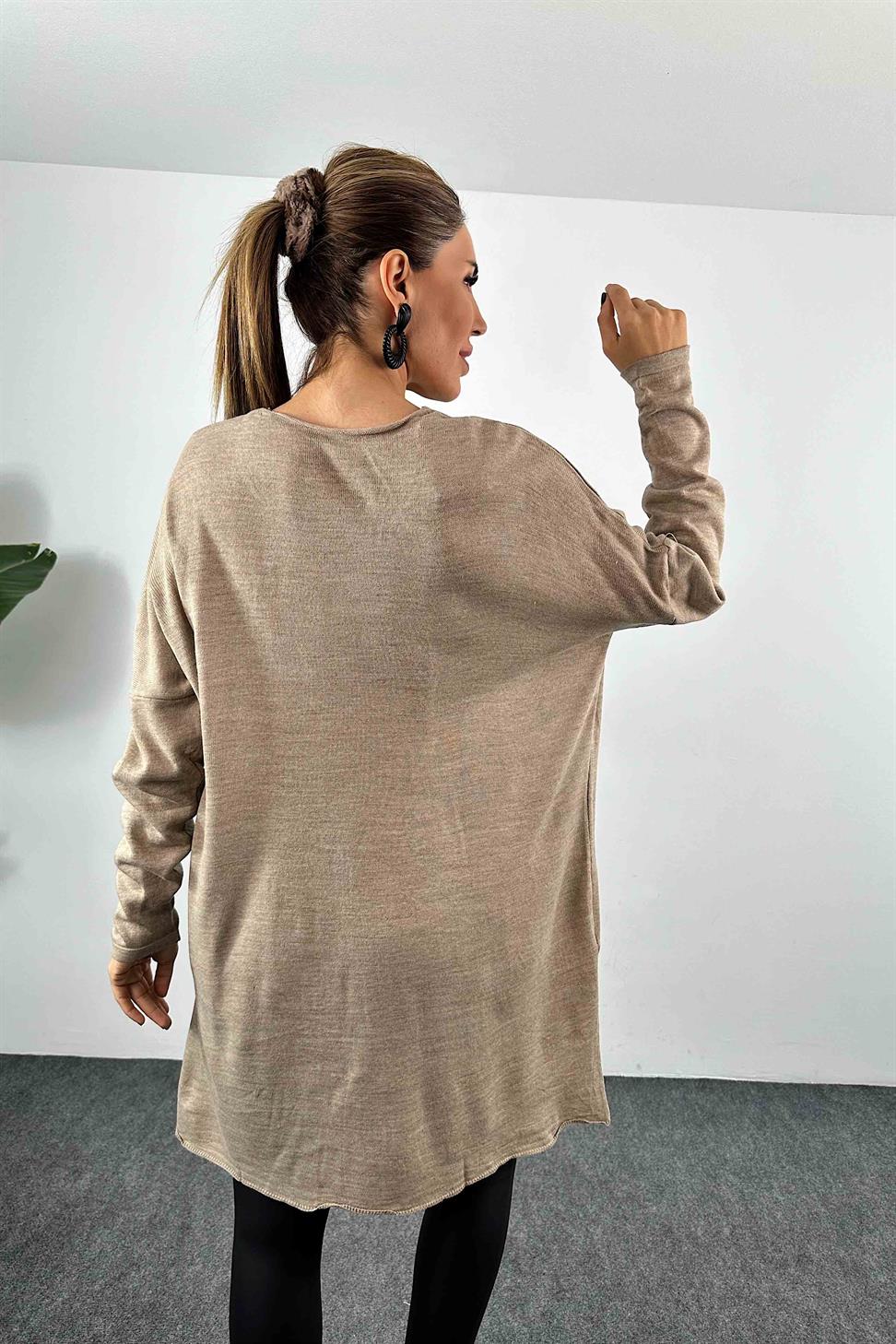 Kabartma Desenli Oversize Triko Bluz Vizon