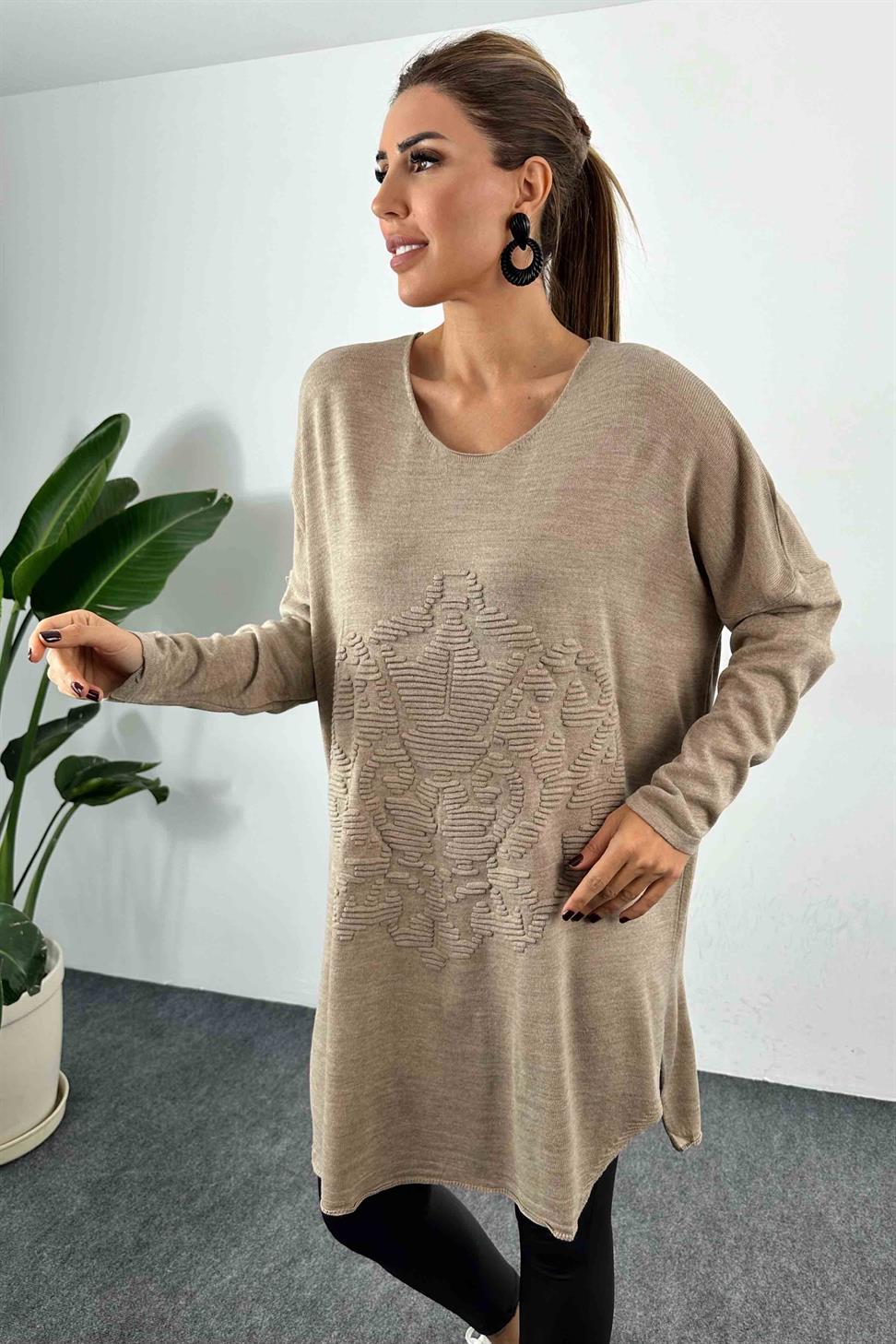 Kabartma Desenli Oversize Triko Bluz Vizon