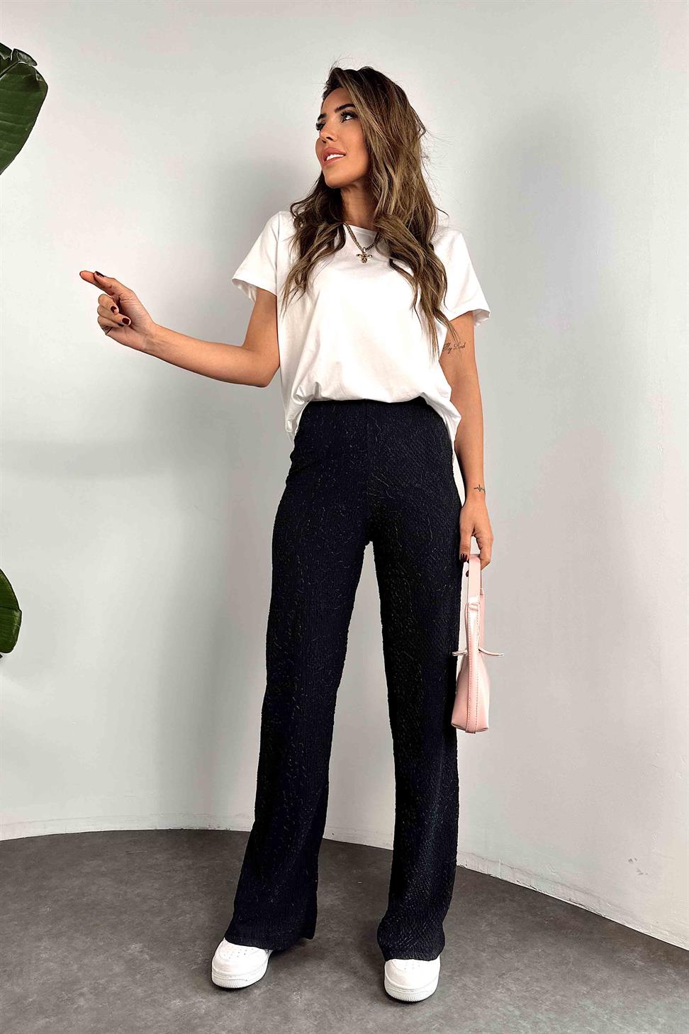 Kabartmalı Tasarım Kadın Pantolon Siyah