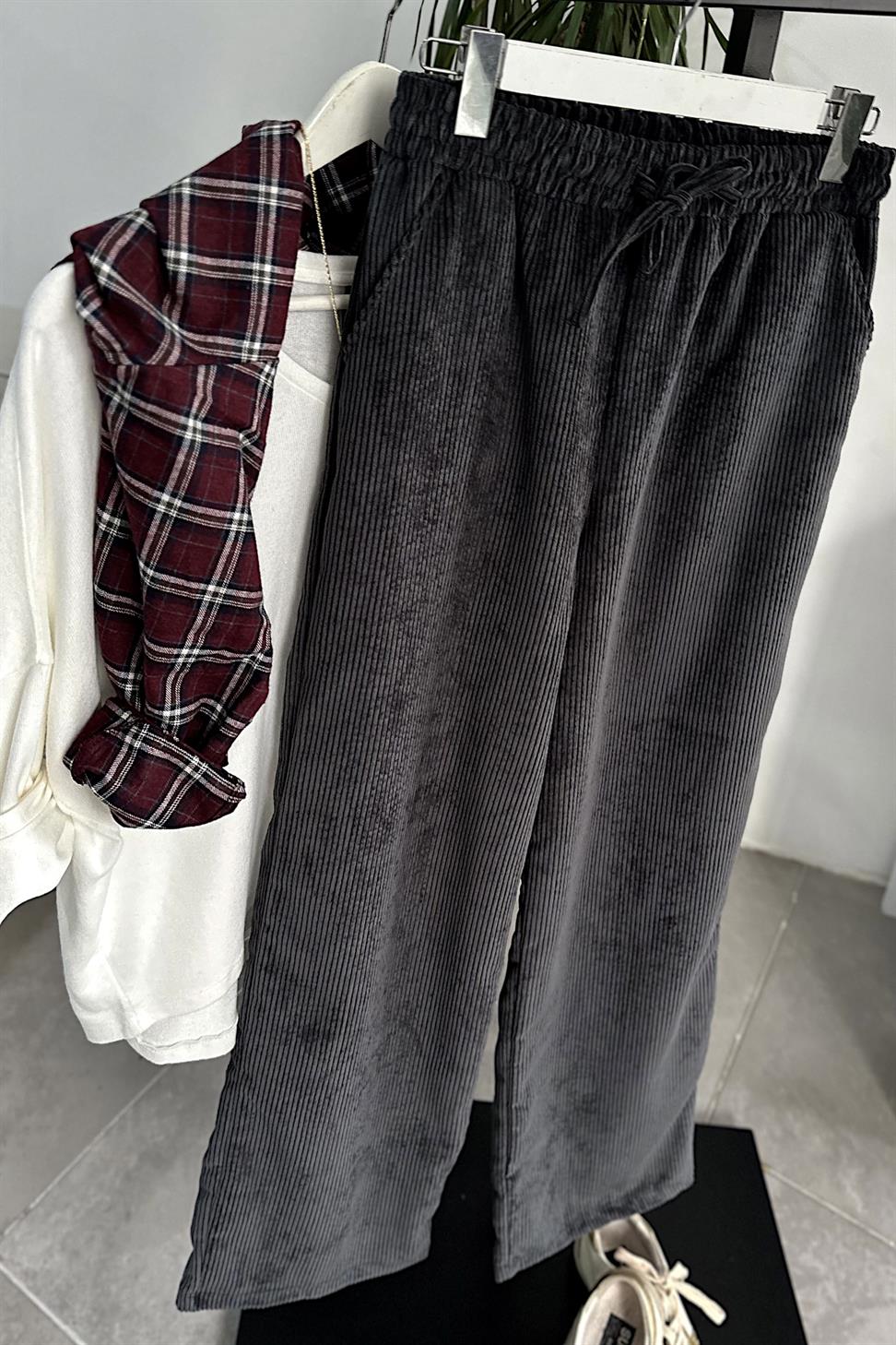 Kadife Beli Lastik Detaylı Palazzo Pantolon Antrasit