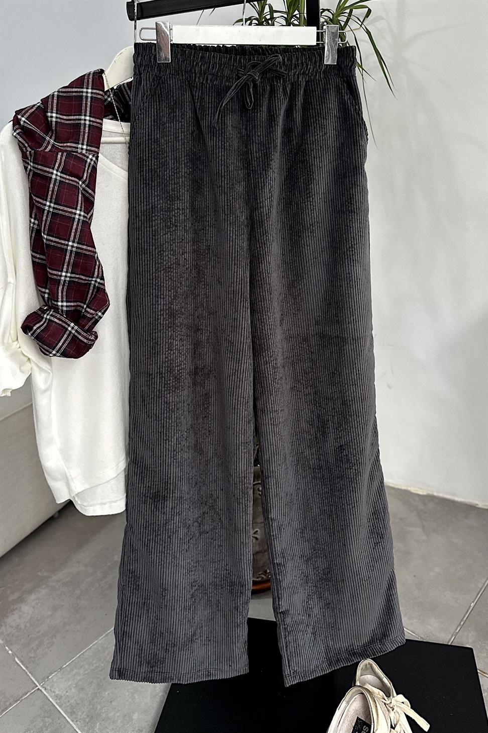 Kadife Beli Lastik Detaylı Palazzo Pantolon Antrasit