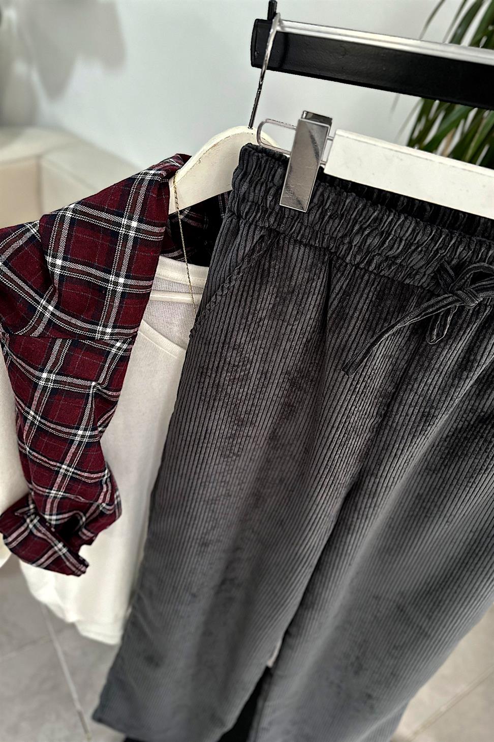 Kadife Beli Lastik Detaylı Palazzo Pantolon Antrasit