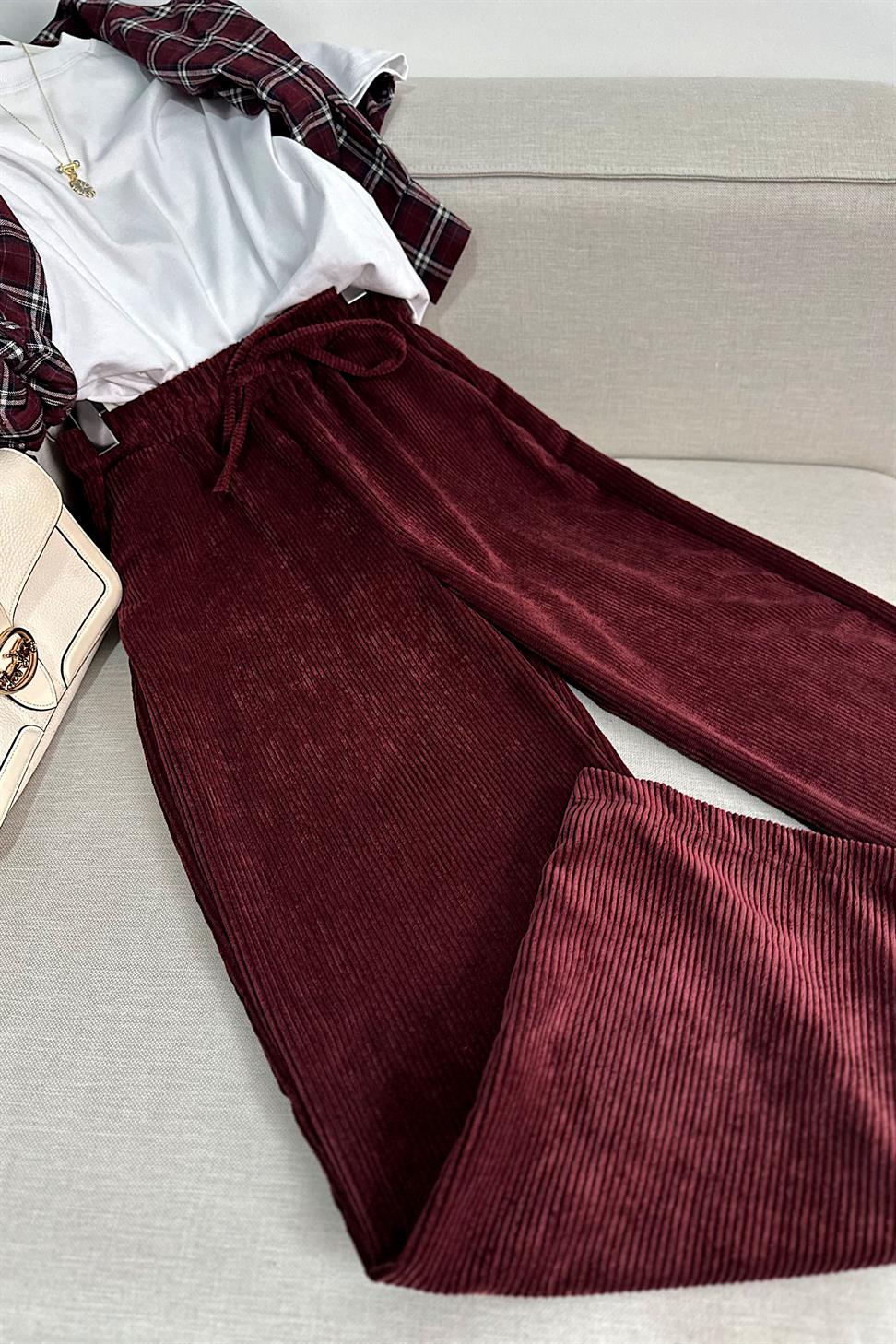 Kadife Beli Lastik Detaylı Palazzo Pantolon Bordo