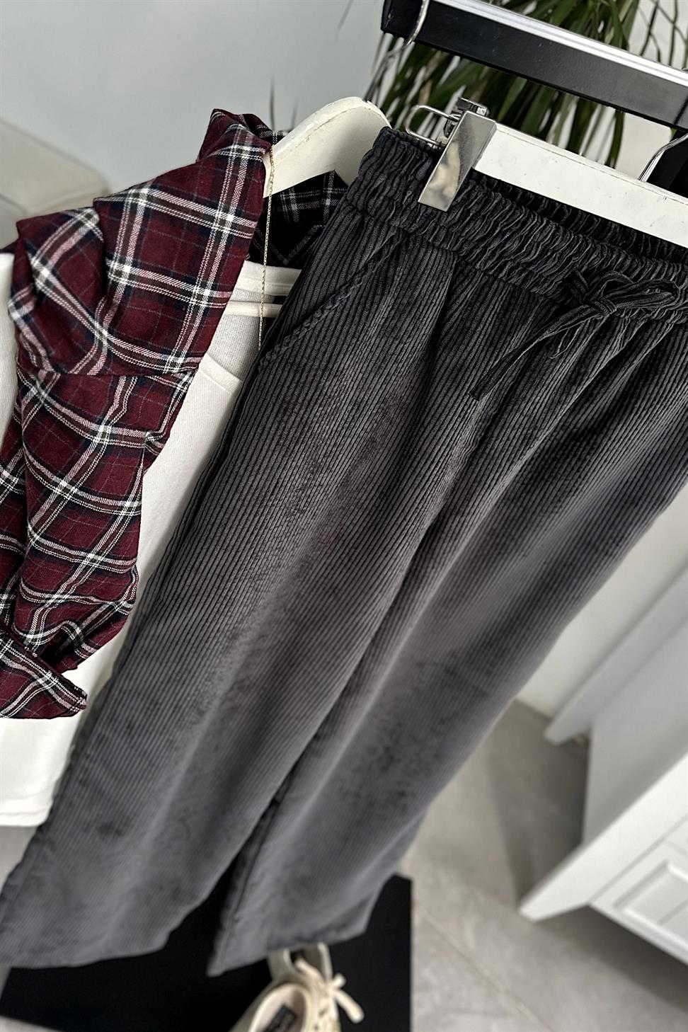 Kadife Beli Lastik Detaylı Palazzo Pantolon Antrasit