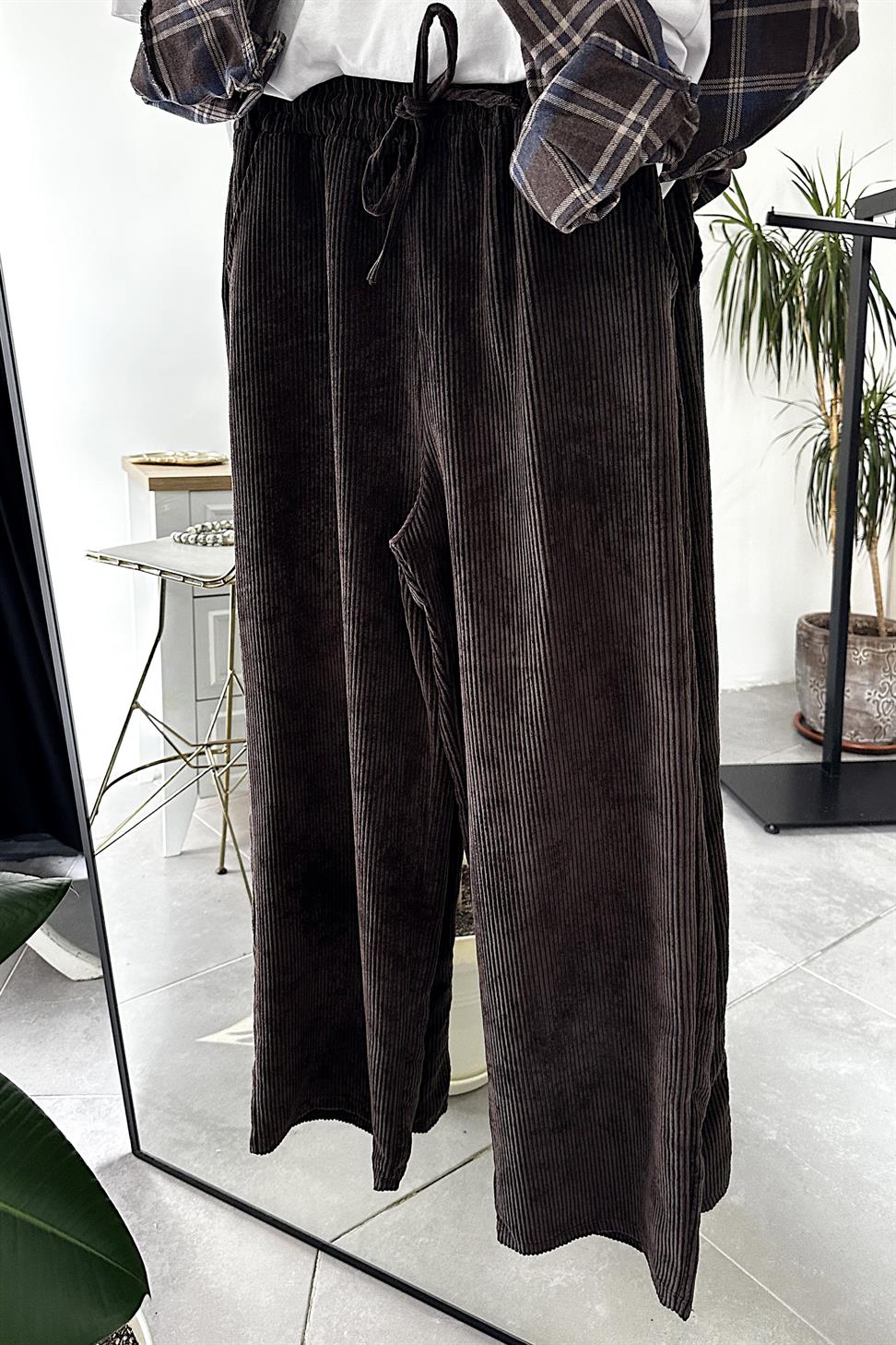 Kadife Beli Lastik Detaylı Palazzo Pantolon Acı Kahve