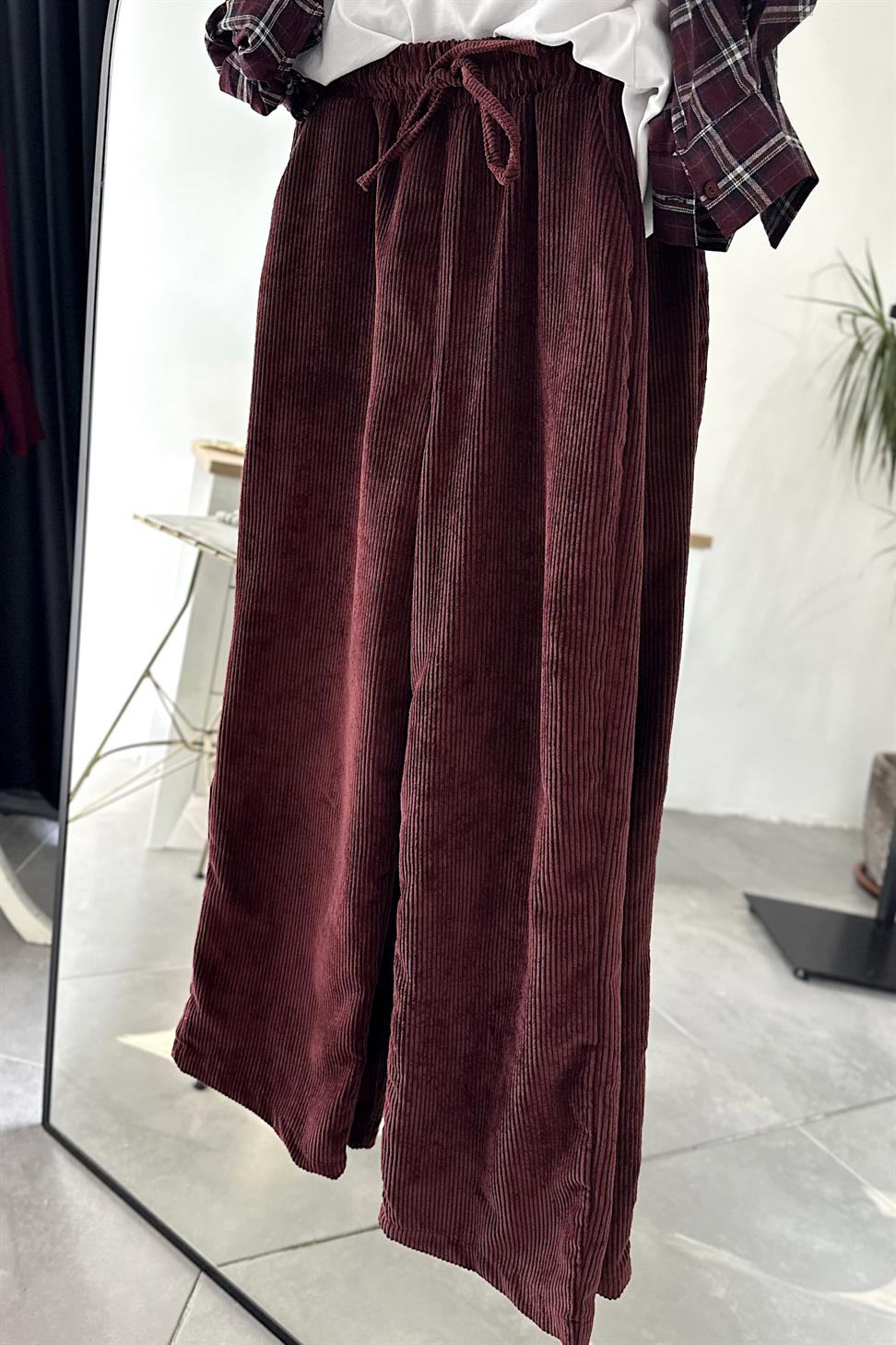 Kadife Beli Lastik Detaylı Palazzo Pantolon Bordo