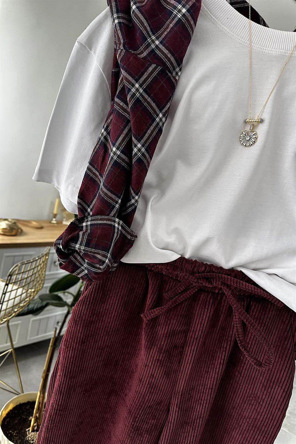 Kadife Beli Lastik Detaylı Palazzo Pantolon Bordo