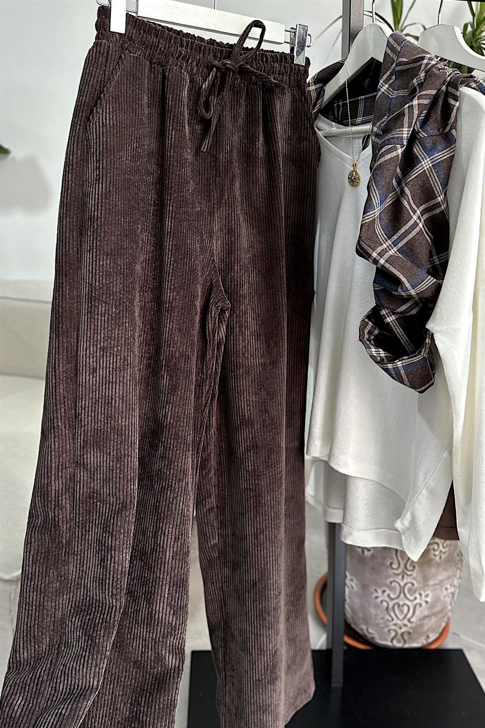 Kadife Beli Lastik Detaylı Palazzo Pantolon Acı Kahve