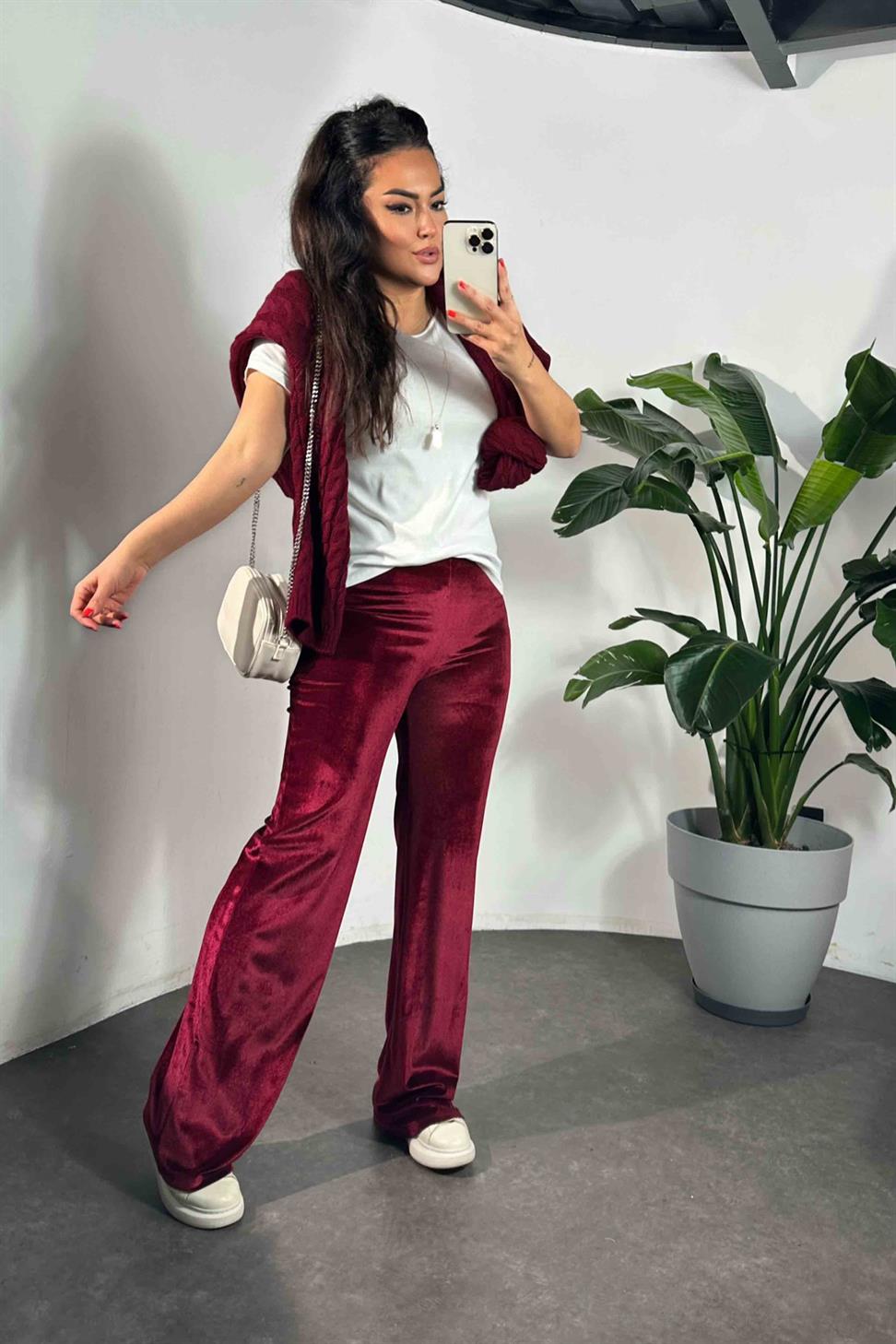 Kadife Palazzo Pantolon Bordo