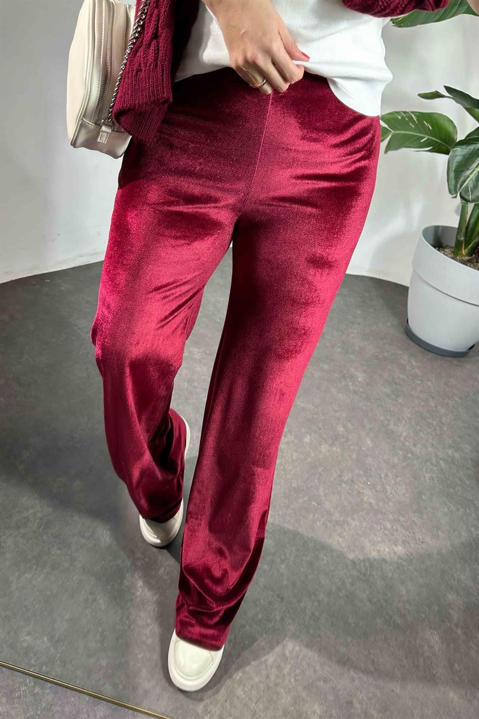 Kadife Palazzo Pantolon Bordo
