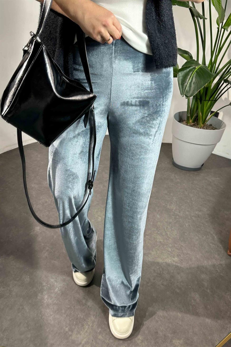 Kadife Palazzo Pantolon Füme