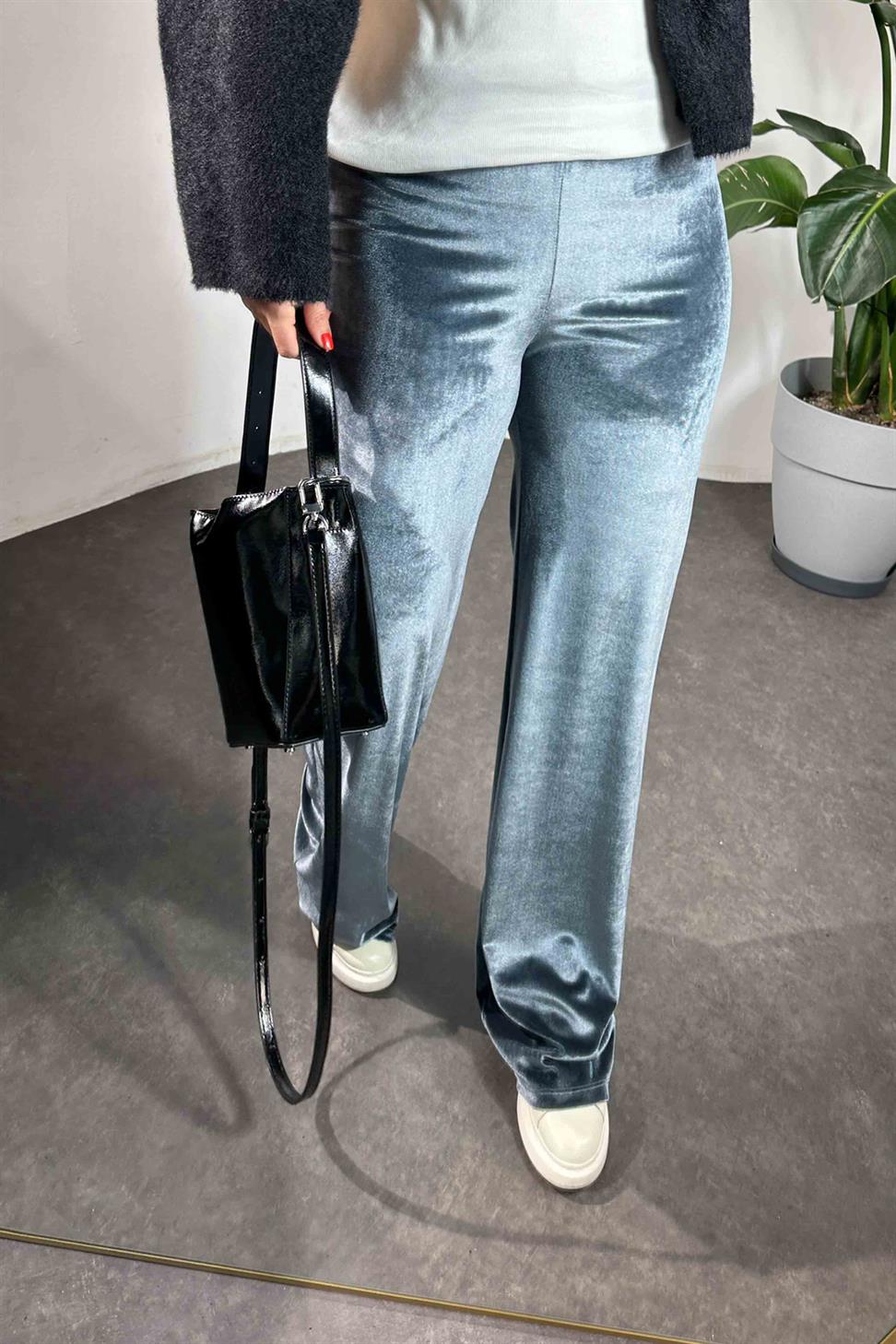 Kadife Palazzo Pantolon Füme