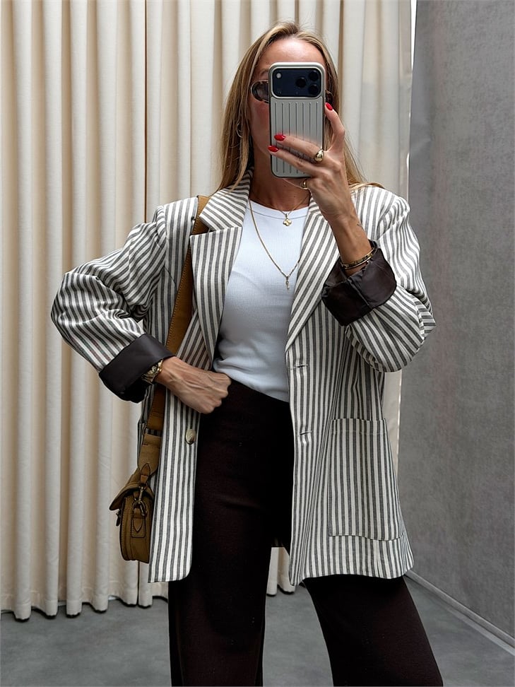 Kahve Saten Astarlı Çizgili Blazer 