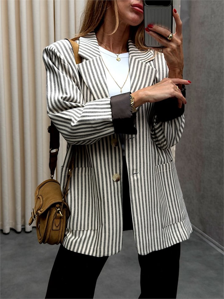 Kahve Saten Astarlı Çizgili Blazer 
