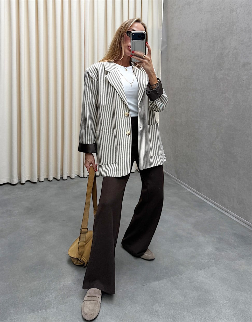 Kahve Saten Astarlı Çizgili Blazer 