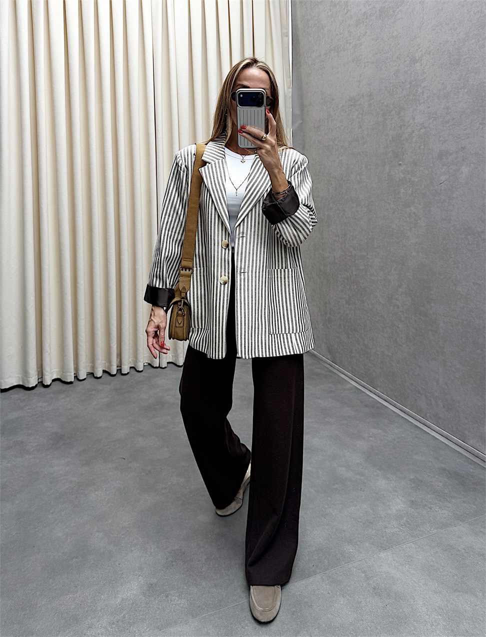 Kahve Saten Astarlı Çizgili Blazer 