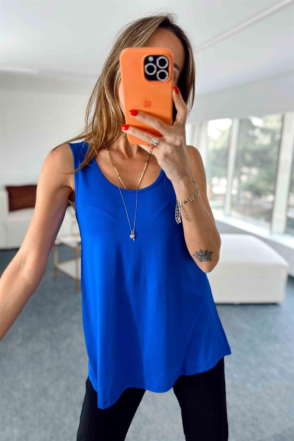 Kalın Askılı Basic Bluz Saks Mavisi