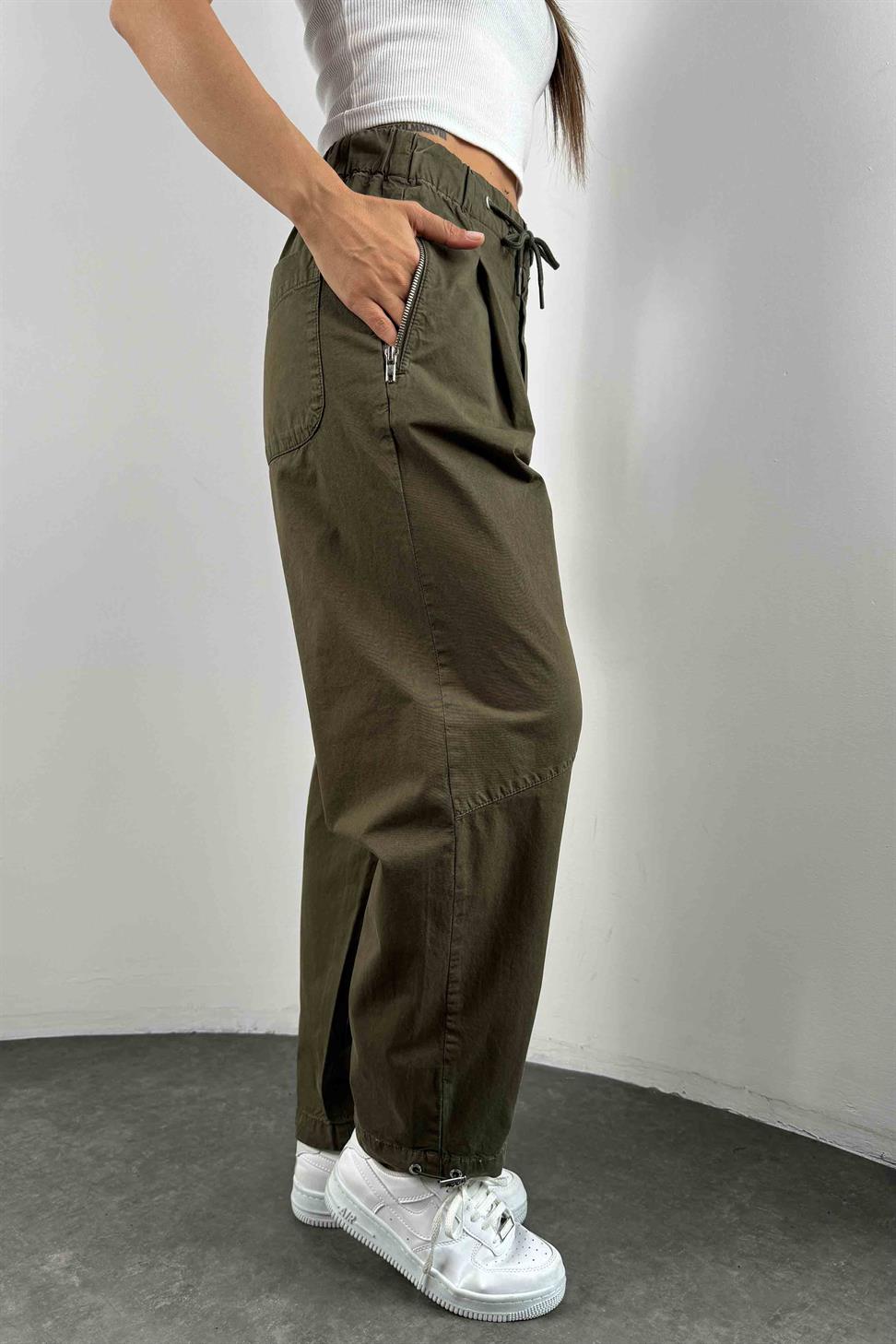 Kanvas Kumaş Fermuarlı Tasarım Kadın Pantolon Haki