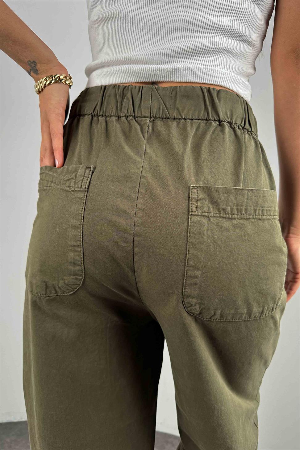 Kanvas Kumaş Fermuarlı Tasarım Kadın Pantolon Haki