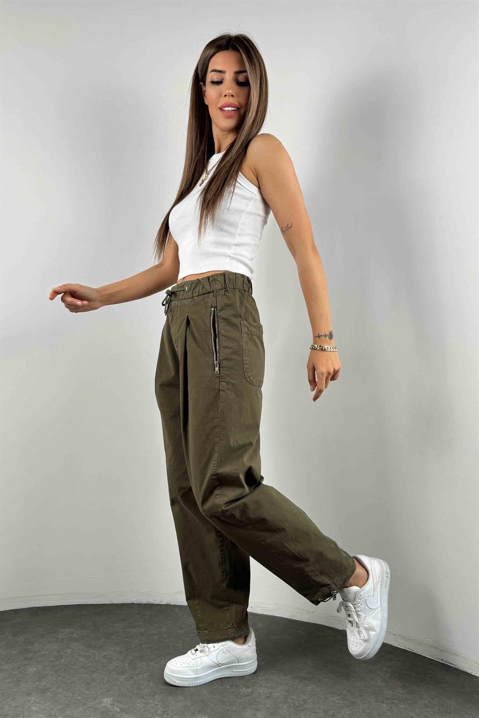 Kanvas Kumaş Fermuarlı Tasarım Kadın Pantolon Haki