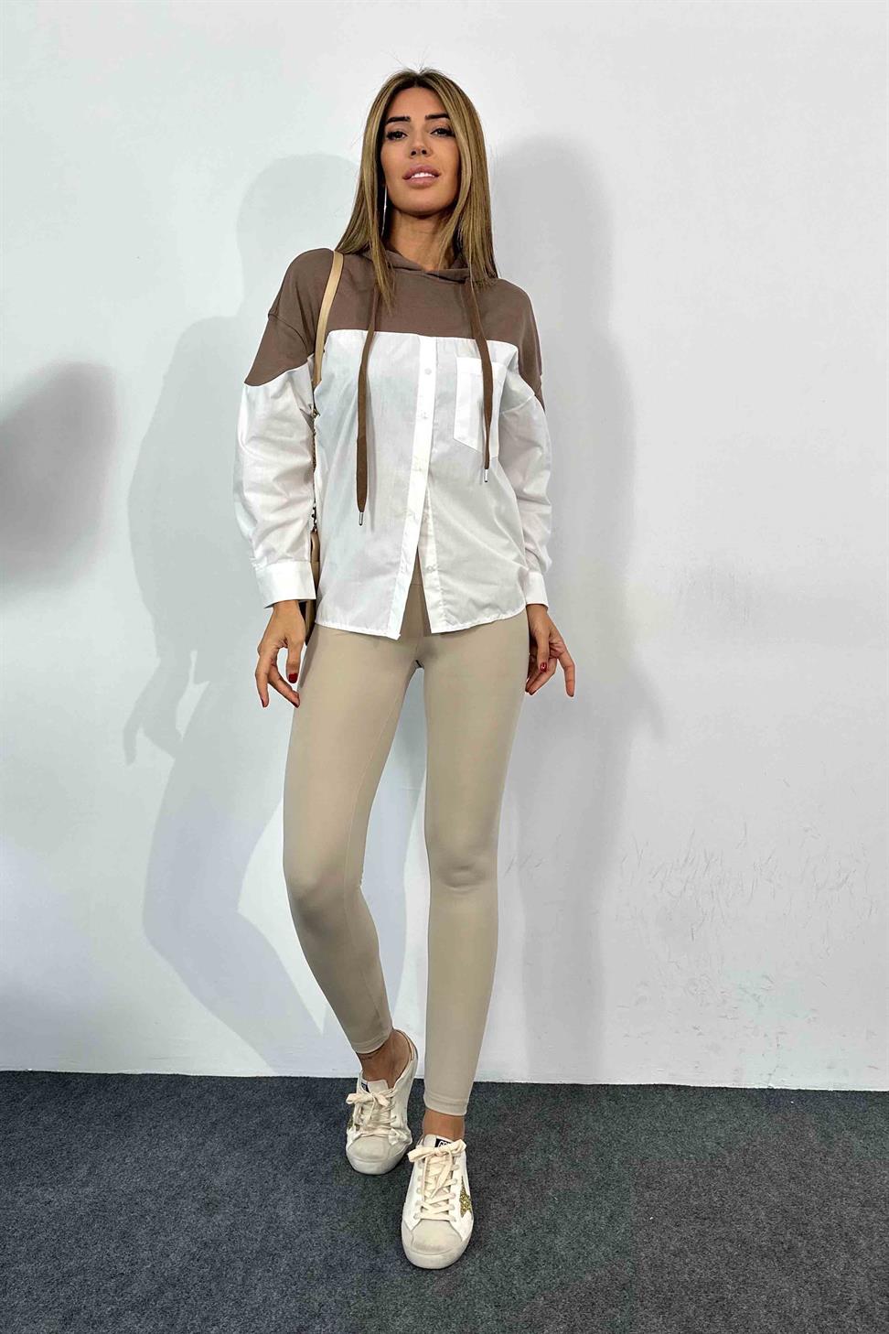 Kapüşonlu Gömlek Detay Kadın Sweatshirt Vizon