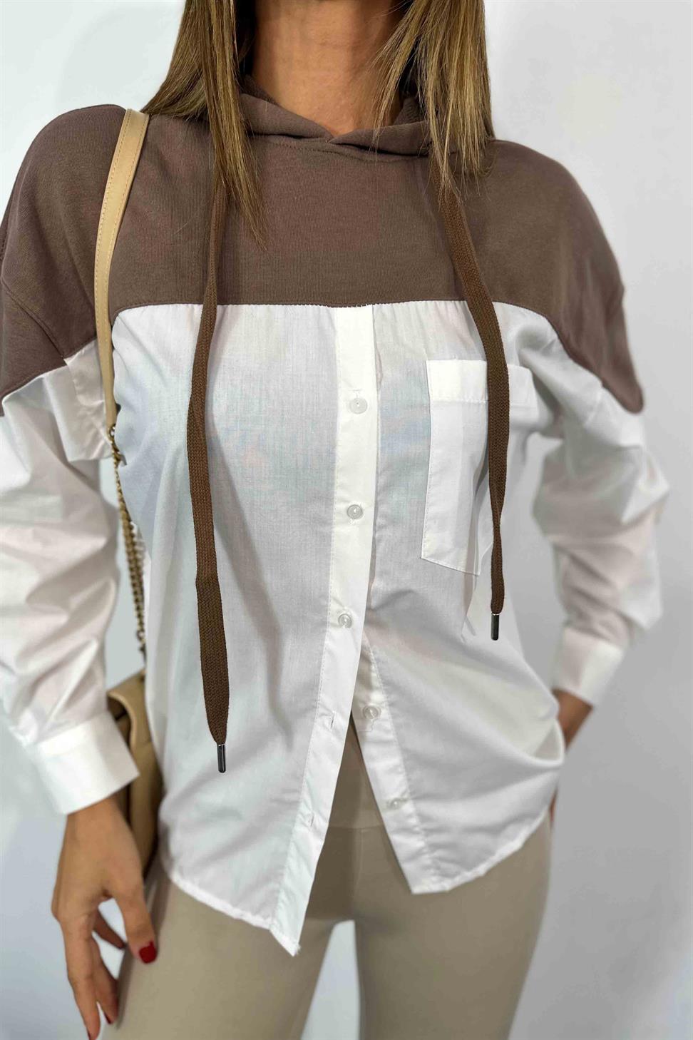 Kapüşonlu Gömlek Detay Kadın Sweatshirt Vizon