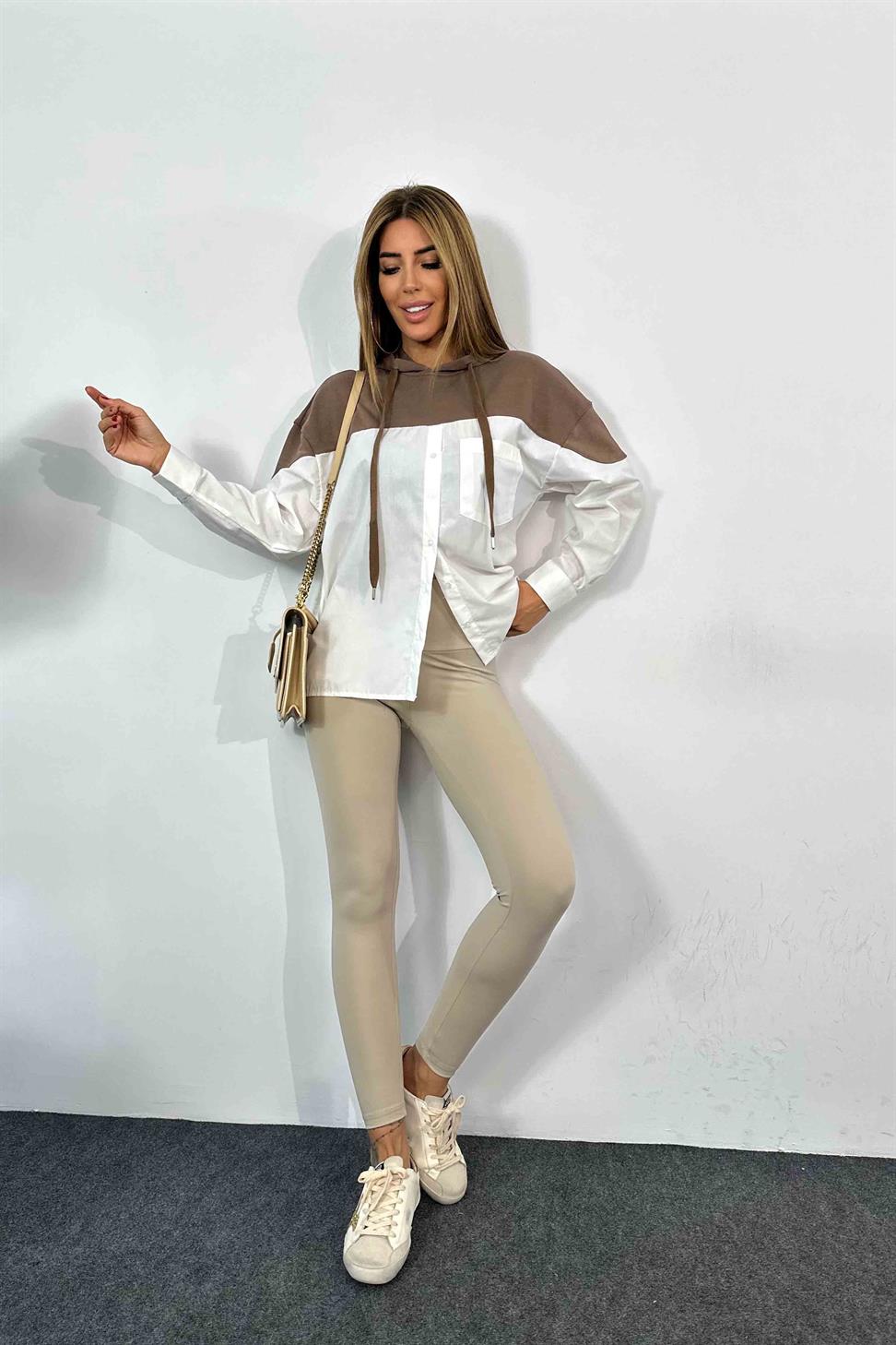 Kapüşonlu Gömlek Detay Kadın Sweatshirt Vizon